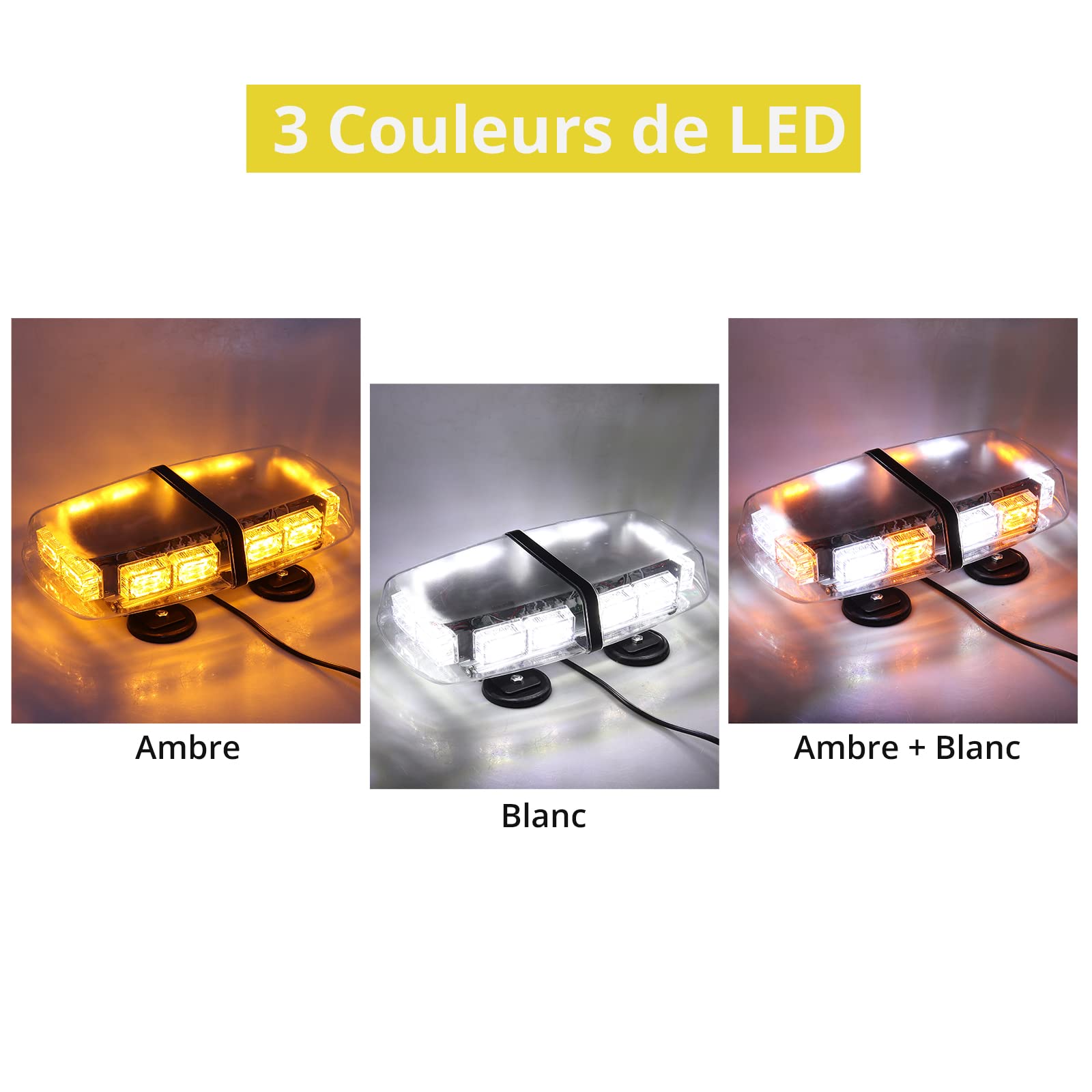 PROZOR 12 / 24V 36 Led Barre de LED D'Urgence 4 Forte Magnétique Lampe d'Avertissement Stroboscopique Avertissement Stroboscope Lumière Balise 3 Coulour Ambre + Blanc 36W pour Véhicule Camion Remorque