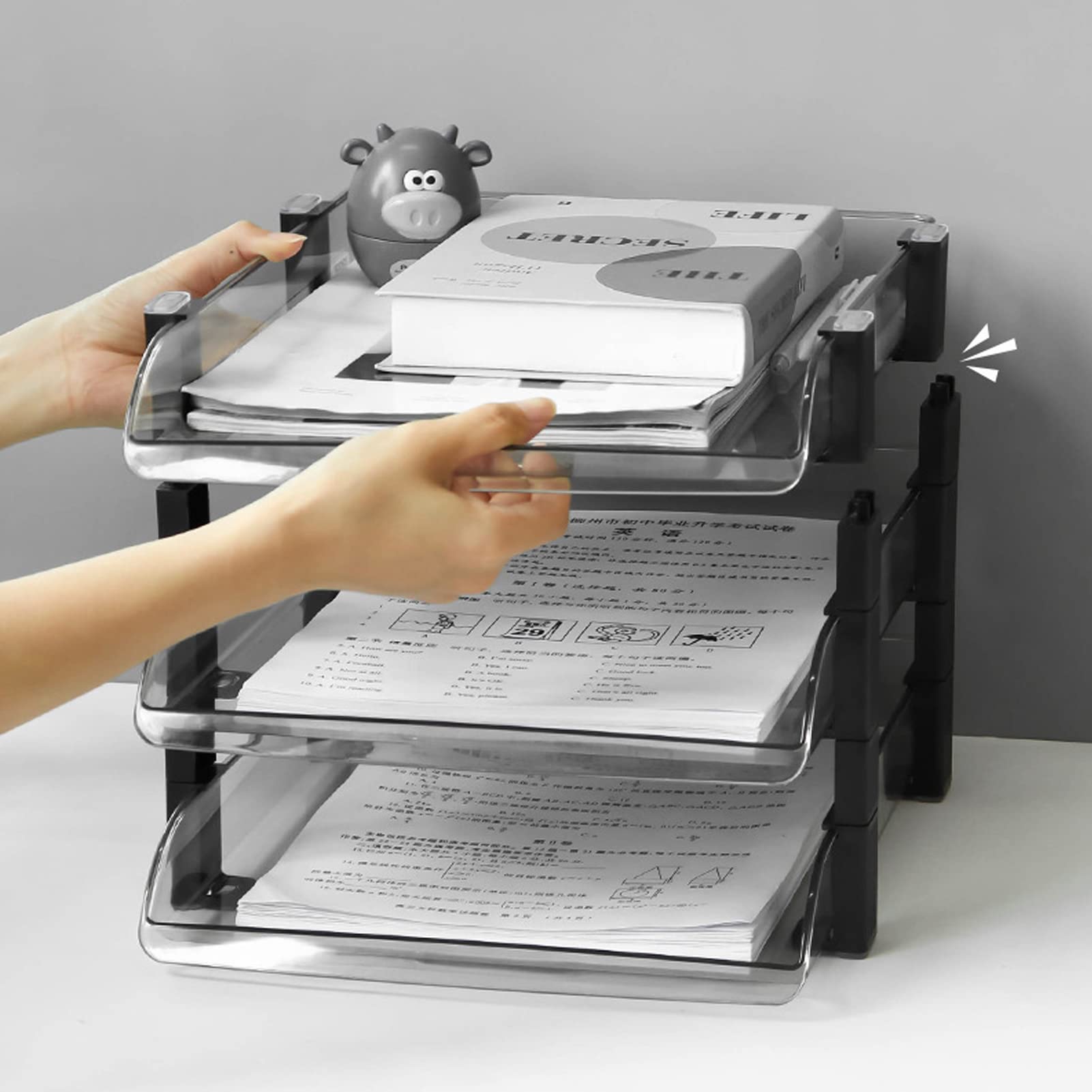 Bandeja de escritorio de acrílico, soporte multicapa para documentos con ranura para tarjetas, para organizador de papel de oficina (transparente, 3 capas, 280 x 372 x 247 mm)