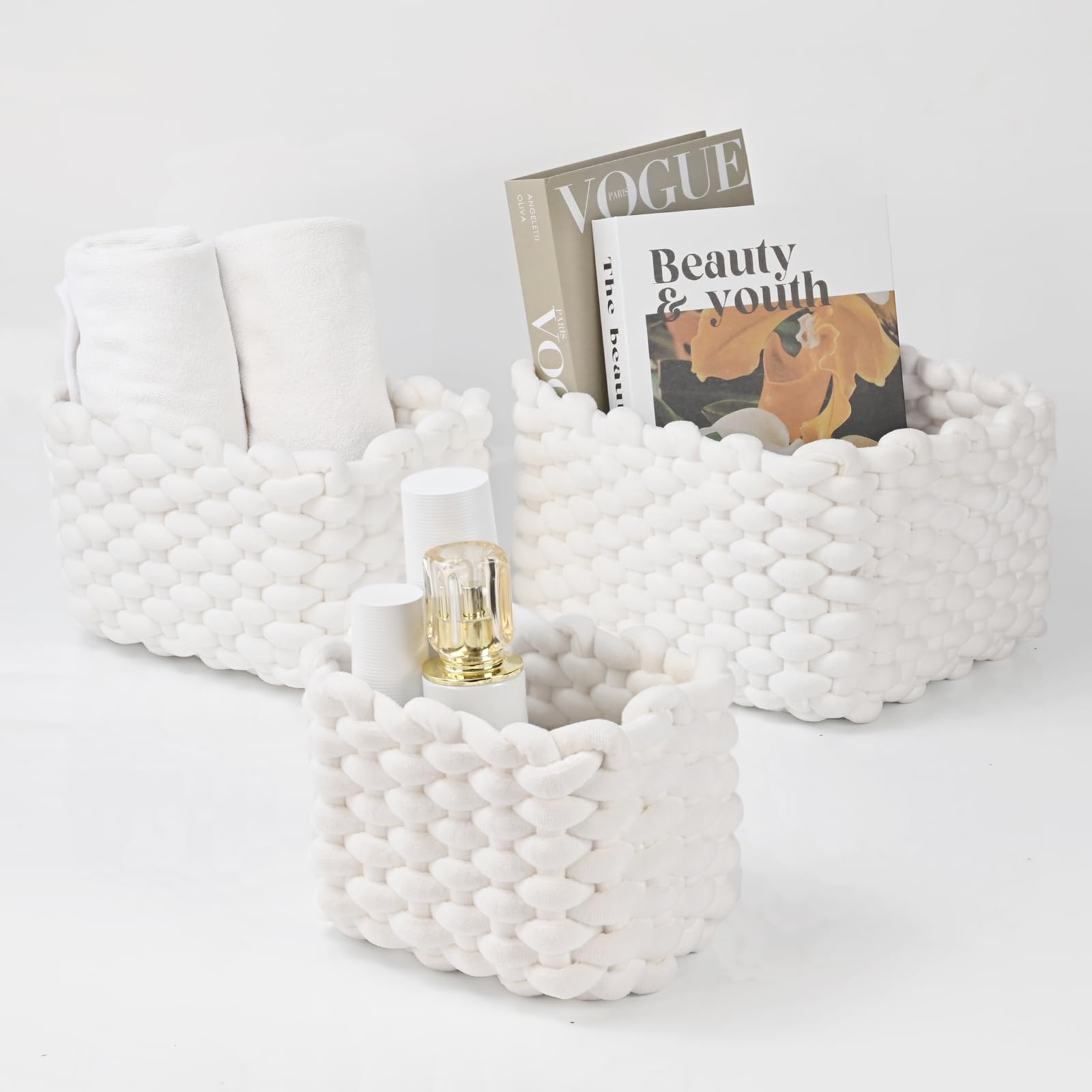 hand-knitted velvet rope storage basket set of 3 - soft cotton rope desktop cosmetics organizer box - nesting multi-functional storage basket (White)