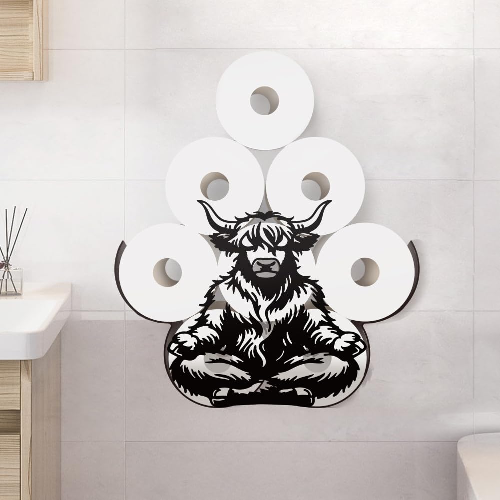 WADORN Highland Cow Metal Toilet Paper Holder, Highland Cattle Decorative Toilet Tissue Storage for 8 Extra Rolls Meditation Theme Wall Mounted Paper Rolls Storage for Farmhouse Bathrooms Home Decor