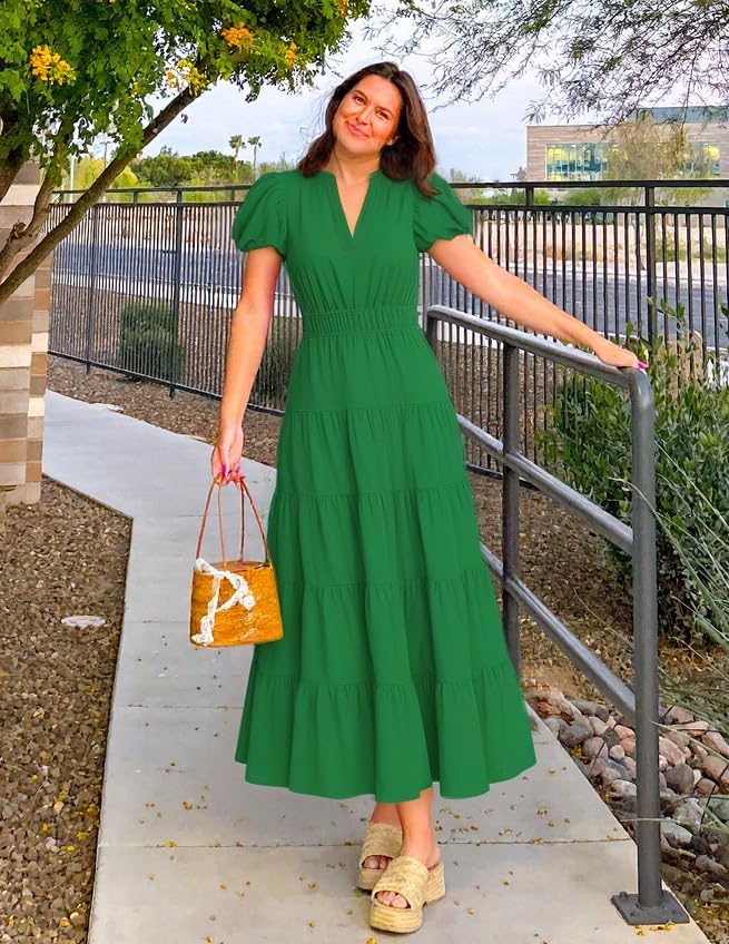 ZESICA Women's Summer Casual Maxi Dress 2026 Puff Short Sleeve V Neck Ruffle Tiered Flowy Boho Beach Dresses - Image 5