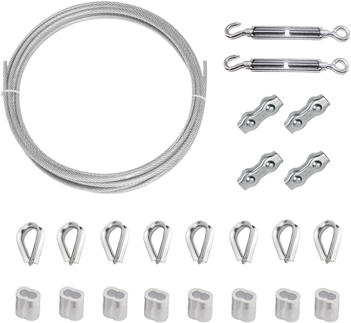 Turnbuckle Wire Tensioner,Turnbuckle Tensioner,Stainless Steel Tensioners,4mmx20m Stainless Steel Wire Rope Kit, 4mm PVC Coated Wire Rope Metal Cable with Aluminum Crimping Sleeves, 304 Stainless Stee