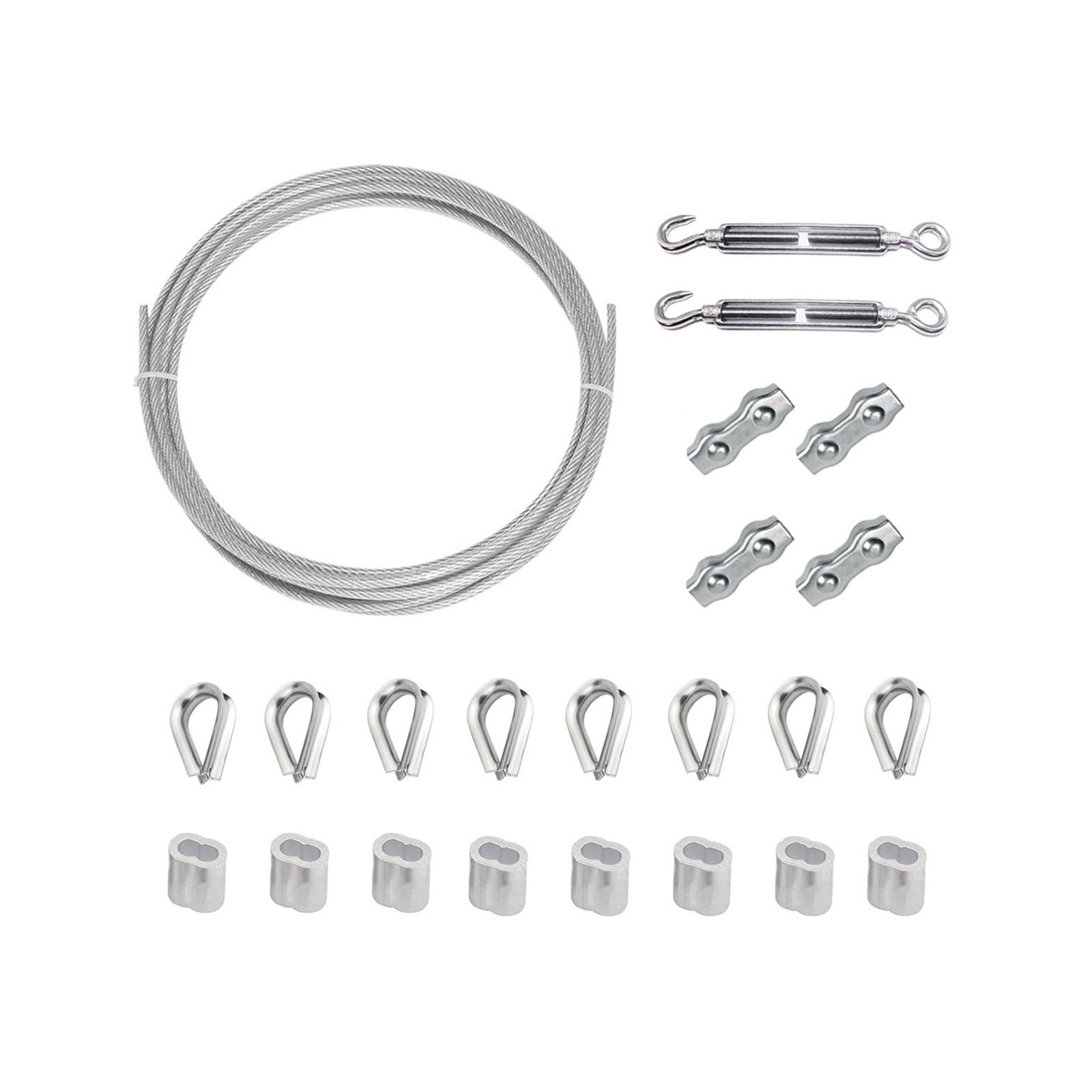 Tenditore for cavi, tenditore for tenditore regolabile, kit for fune in acciaio inossidabile da 4 mm x 20 m, cavo metallico rivestito in PVC da 4 mm con manicotti di crimpatura in alluminio, ditale fo