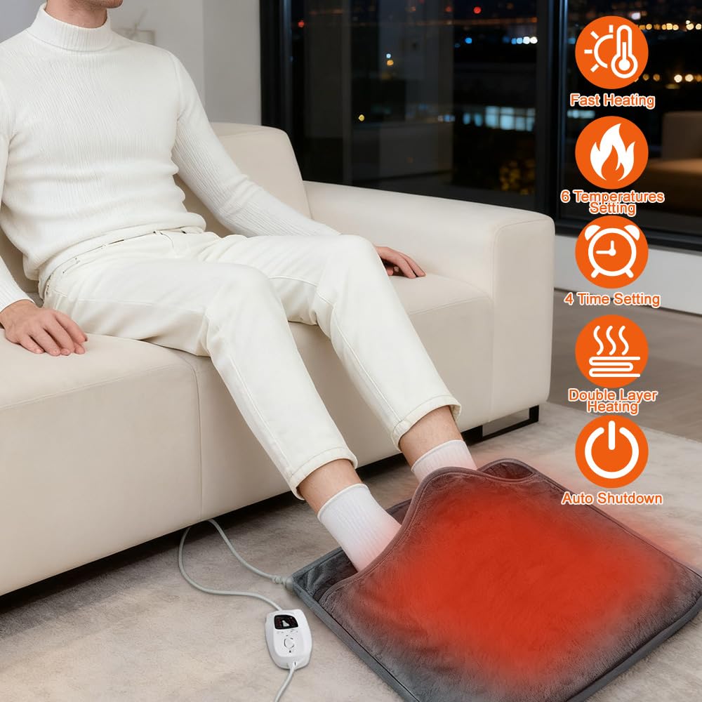Scaldapiedi elettrico, Scaldapiedi elettrico riscaldato, con 6 livelli di temperatura e 4 funzioni di spegnimento temporizzato, lavabile, 50 W (grigio scuro)