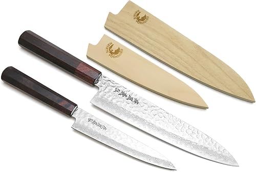 Yoshihiro Juego de cuchillos de chef Gyuto de Damasco martillado de 46 capas y cuchillo utilitario (Gyuto 8.25 pulgadas (8.268 in) y pequeño 6 Mango