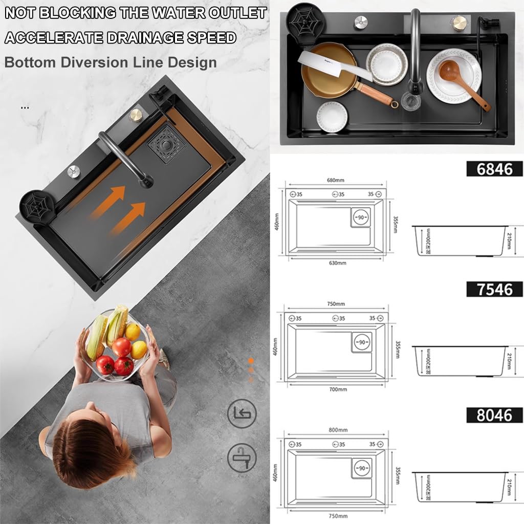 Lavello da Cucina a Cascata in Acciaio Inox con Finitura Nero Opaco, Piano di Lavoro per Bar Domestico con Rivestimento Nano, Rubinetto Estraibile e lavabicchieri, Facile da Pulire