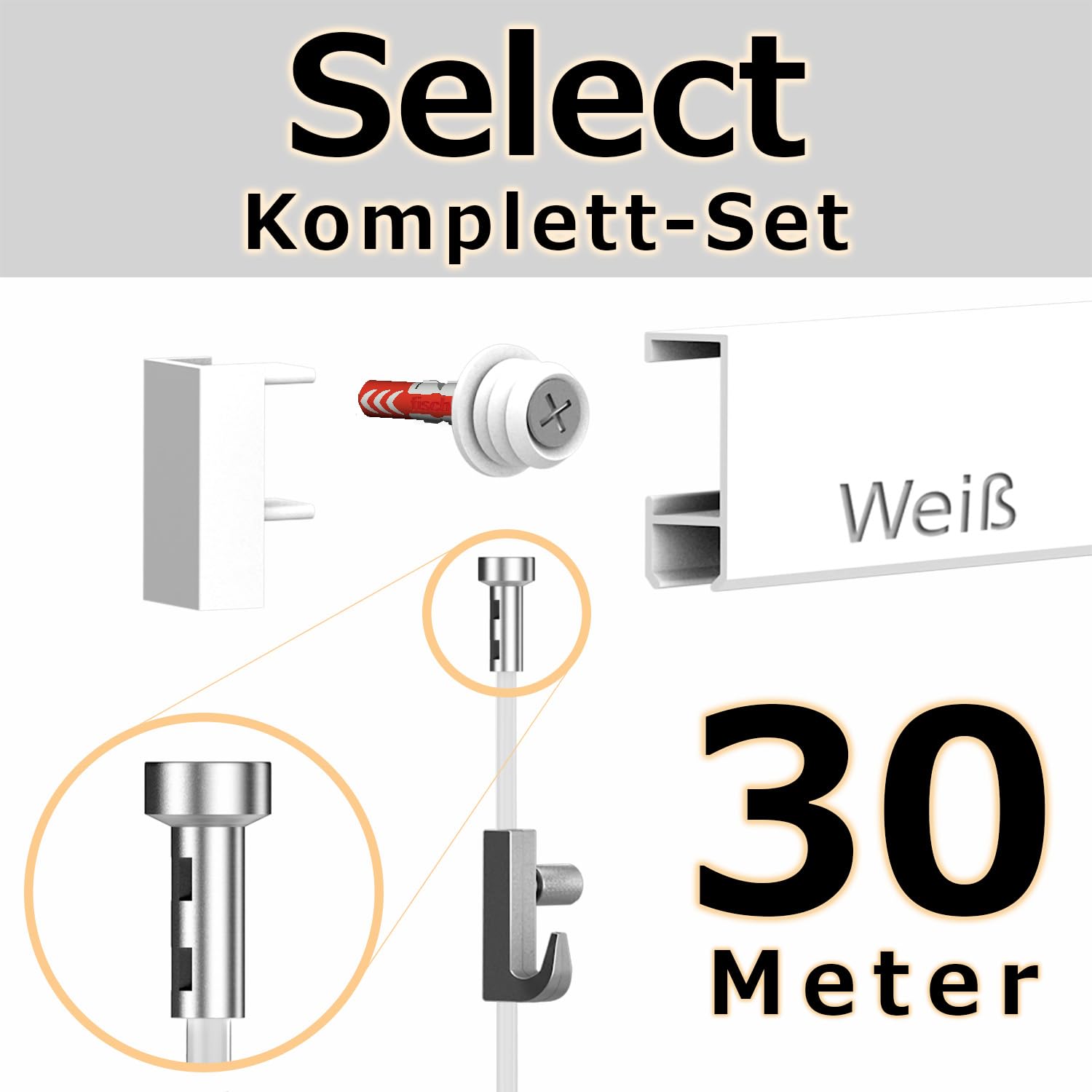 30 Meter Bilderschienen - Select - Komplett Set in Weiß von Hang-it