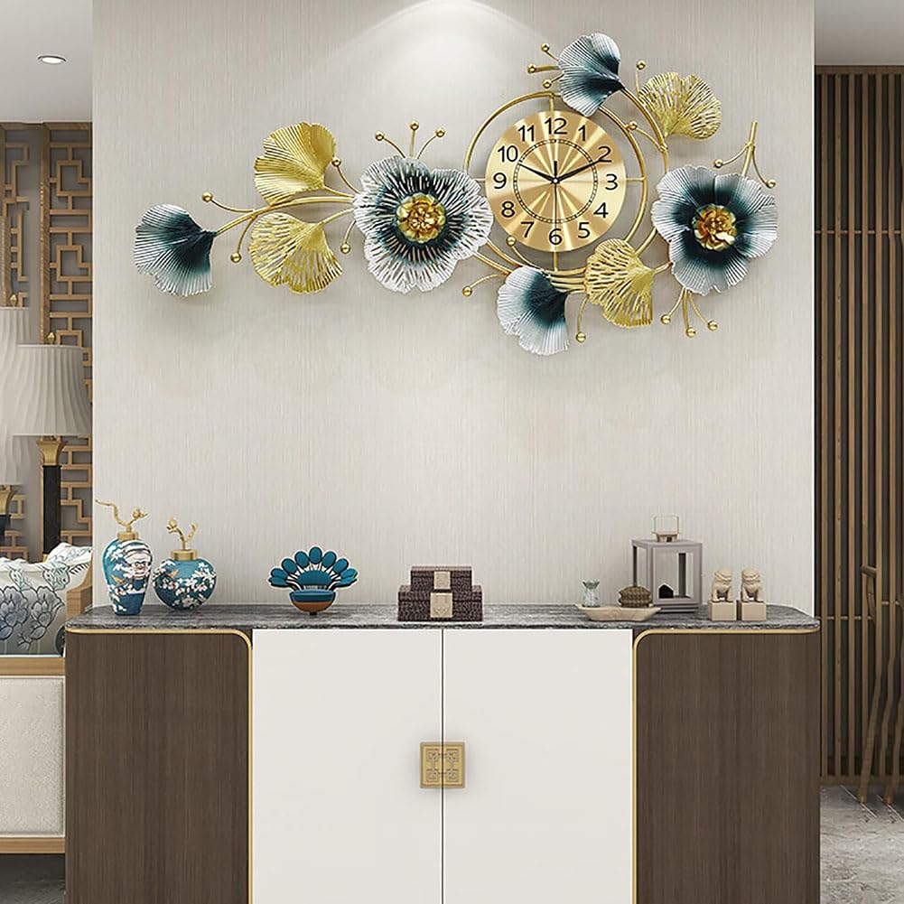 SaryEdge Wall Clock Art Design Ginkgo Leaf Wall Clock, Ginkgo Leaf Wall Art, Large Wall Clock Metal Decoration, Modern Silent Metal Wall Clock,