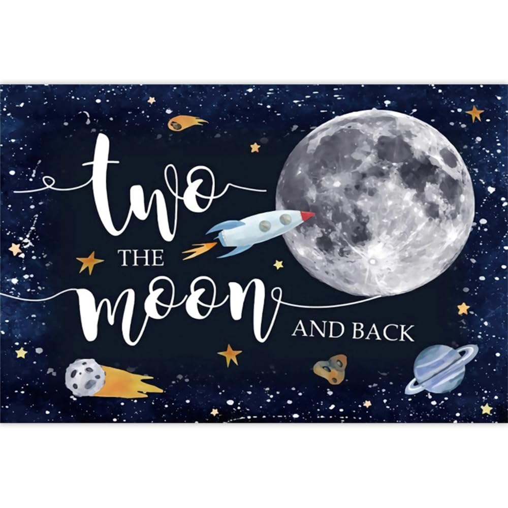Leowefowa 2,7 x 1,8 m winylowe tło "Two The Moon" na 2. urodziny, kosmos, rakieta, astronauta, tło, nocne niebo, gwiazdy, planeta, galaktyka, tło, dekoracja na przyjęcie urodzinowe, rekwizyty studyjne