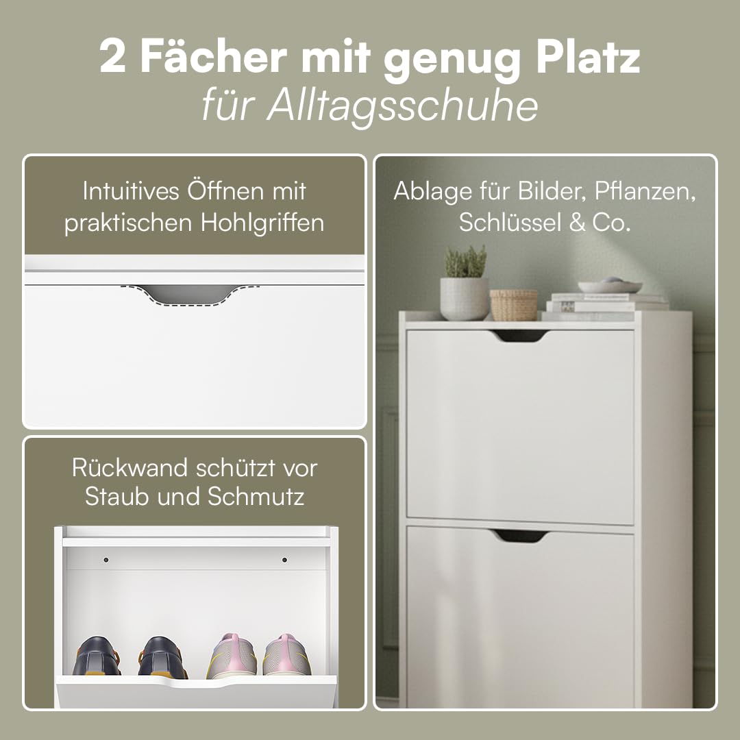Bellamio Ceyhan Schuhschrank mit 2 Klappen – Schuhkipper weiß aus Holz – Schuhregal schmal 50x19x90cm – platzsparender Flurschrank mit 2 geschlossenen Fächern – Schuhkommode für Flur/Garderobe