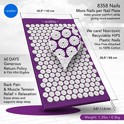 Acubliss Acupressure Mat — 8,358 Nails Acupuncture Mat For Increased Energy, Stress, Back Pain & Neck Pain Relief, Deep Sleep, Relaxation — Fsa/Hsa Eligible, Carry Bag, Size 26 X 16 X 1” Purple #TOP2