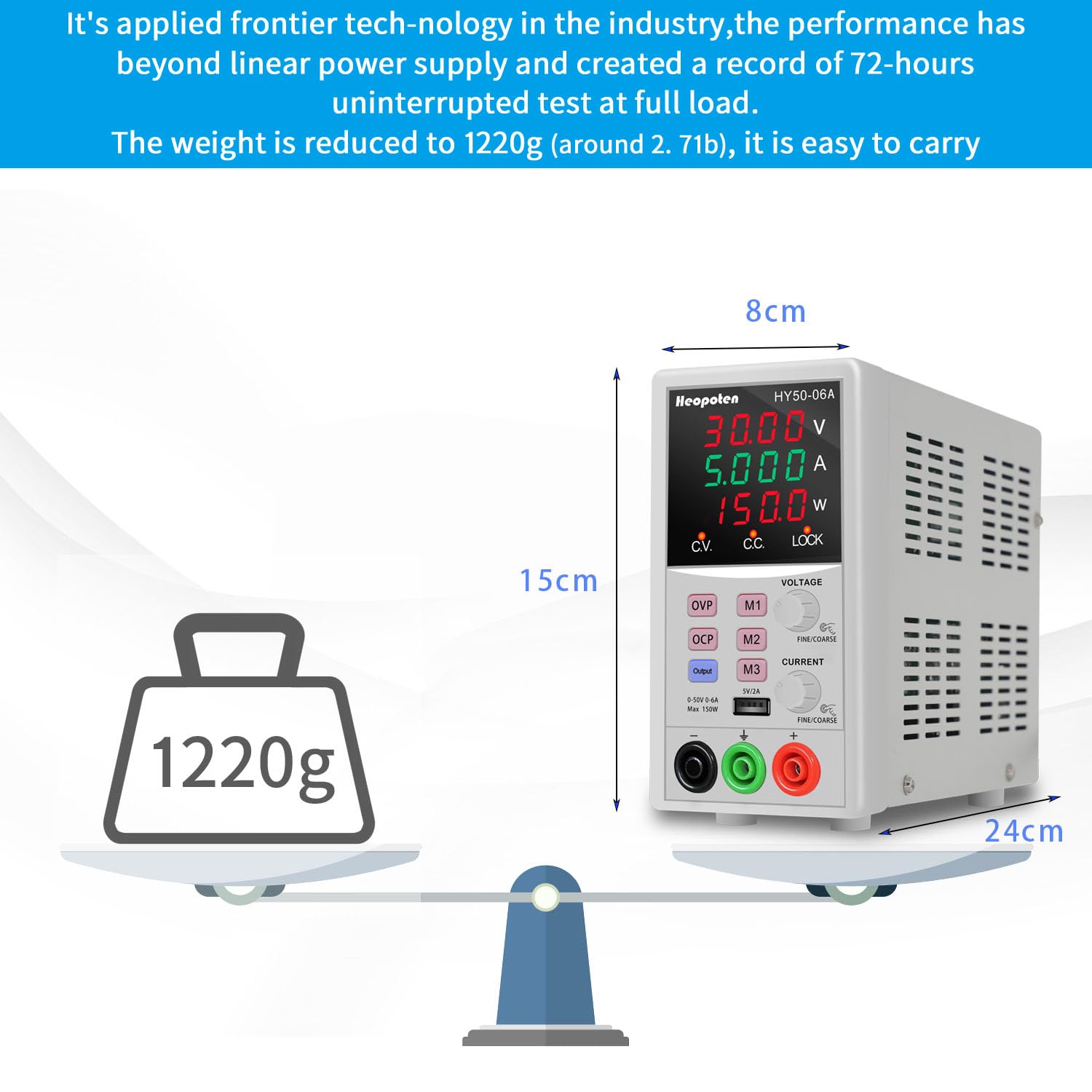 Labornetzteil, Heopoten 50V 6A 150W Programmierbares Labornetzgerät ，Hochpräzises 4-stellige zweifarbige LED Anzeige, 5V2A USB-Ausgang, Alligatorkabeln und Netzkabel