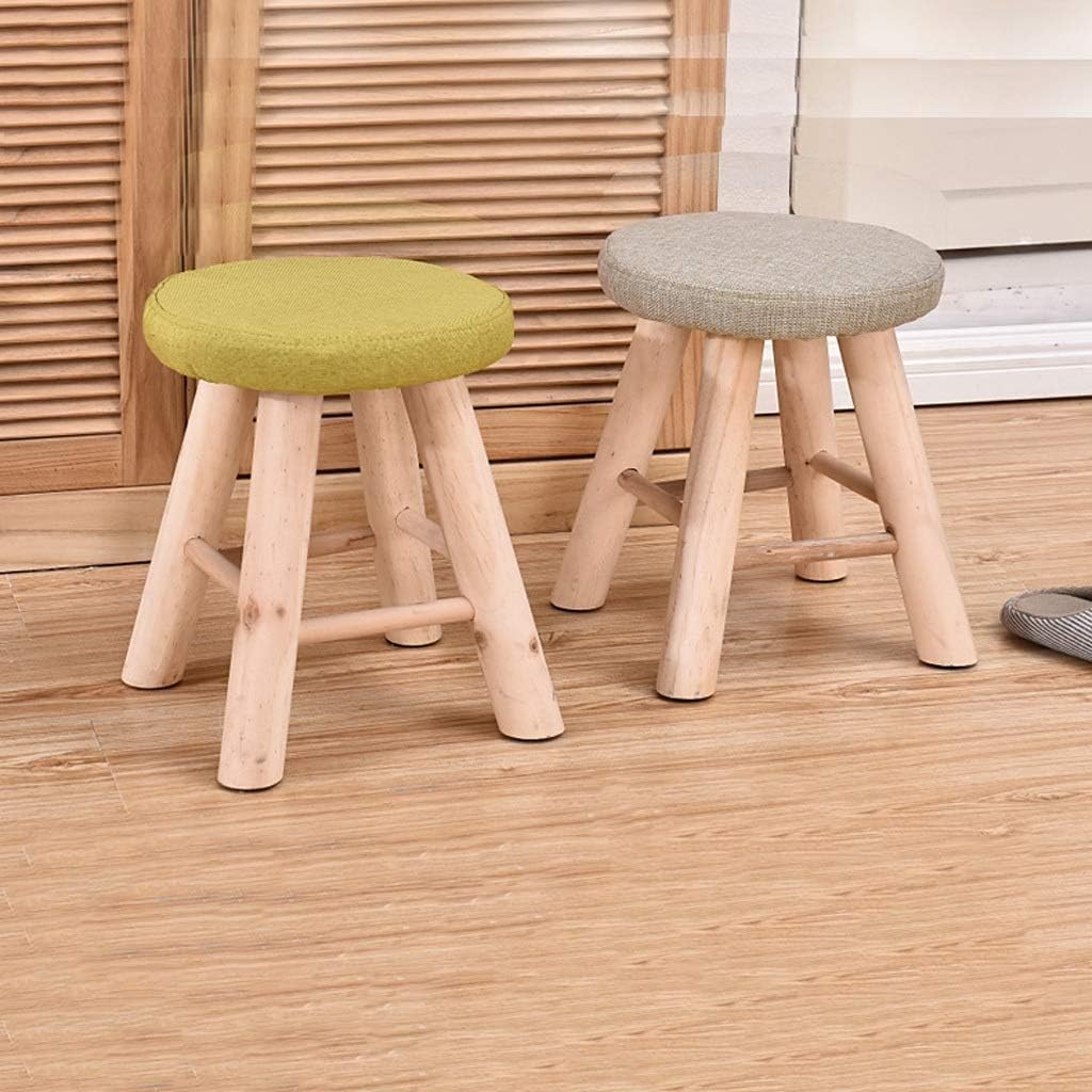 Stool,Linen Tufted Round with Solid Wood Leg, Upholstered Padded Stool,Fabric Upholstered Footstool(E)