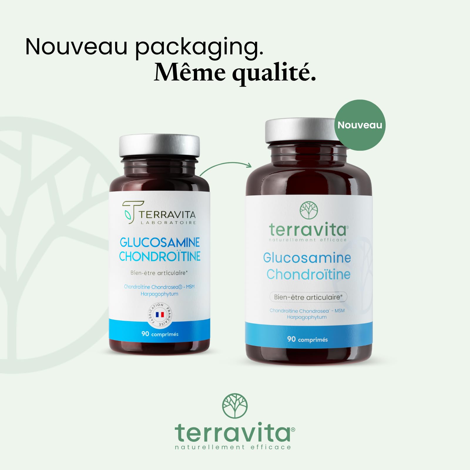 Glucosamine Chondroïtine | Avec Harpagophytum + MSM + Vitamine C + Oligo-éléments | Articulations Douloureuses - Arthrose - Perte de Mobilité | 90 Comprimés Dosage Fort | Made in France | Terravita