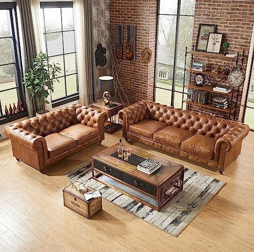 Image of 5 Seater Luxury Chesterfield Sofa in Velvet for Living Room & Dining Room (100% Teak Wood)(Brown)
