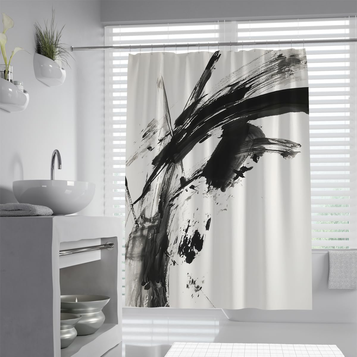OLLIAR Home Abstract Watercolor Shower Curtain Black and White Brushstroke Shower Curtains for Bathroom Decor Modern Aesthetic Art Shower Curtain Set 240x180cm