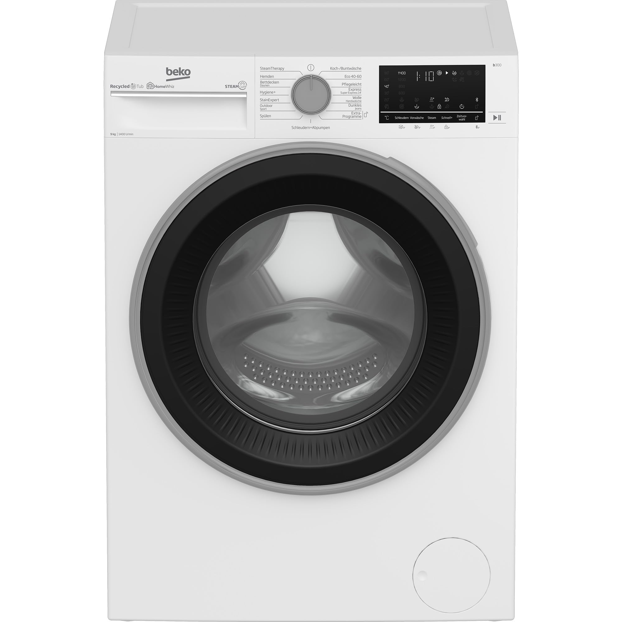 Beko B3WFU59415W2 Waschvollautomat 9 kg, Waschmaschine, Restzeitanzeige, Schleuderwahl, 1400 U/min, Dampffunktion, AddXtra-Nachlegefunktion, Bluetooth, StainExpert, Hygiene+ allergikergeeignet, Weiß