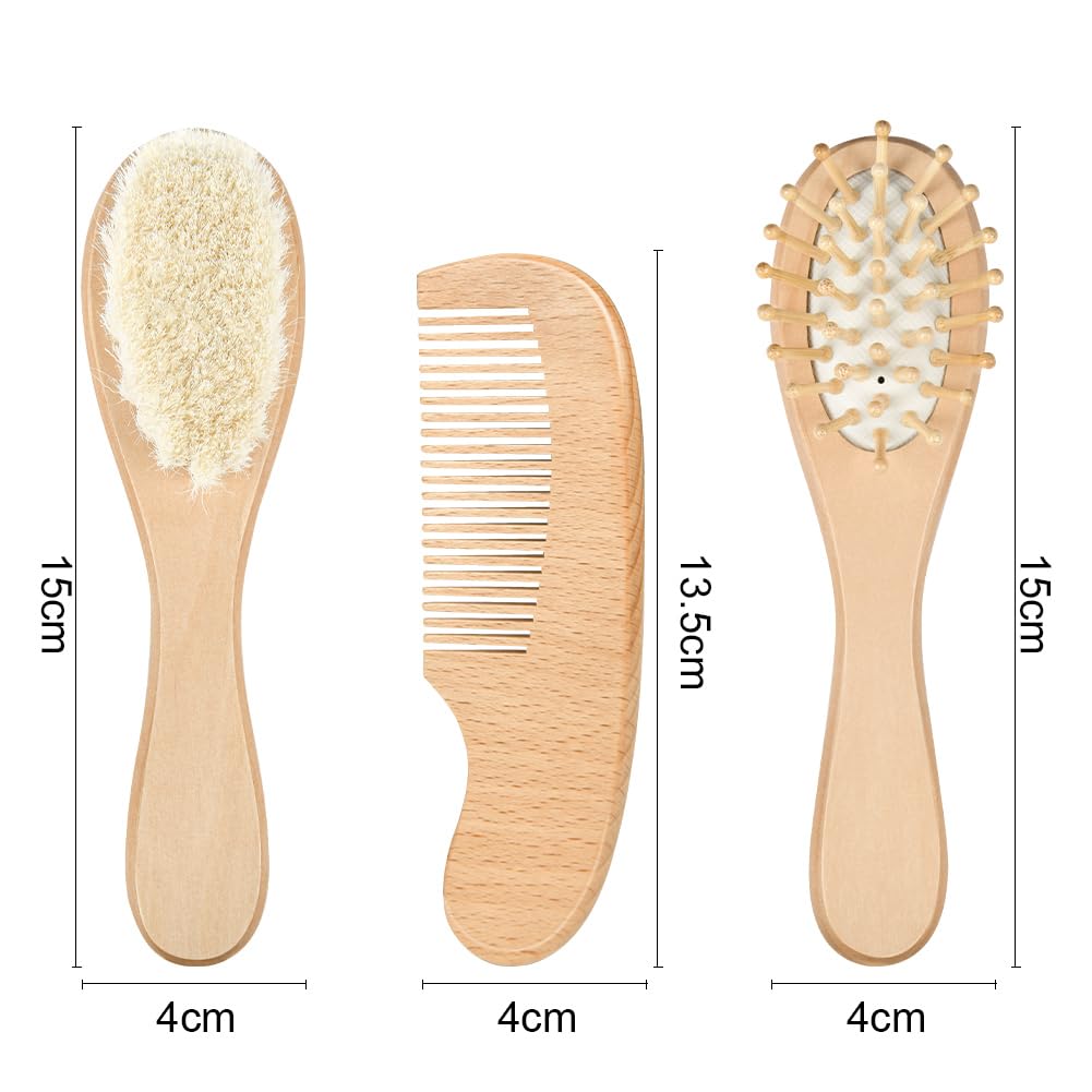 Aolso Brosse Cheveux Bebe Brosse, 3pcs Cheveux Poils de Chèvre doux Premium Brosse à bébé en Bois, Garçons et filles, Brosse cheveux bebe pour enfant et nouveau-né, Baby Shower Cadeau
