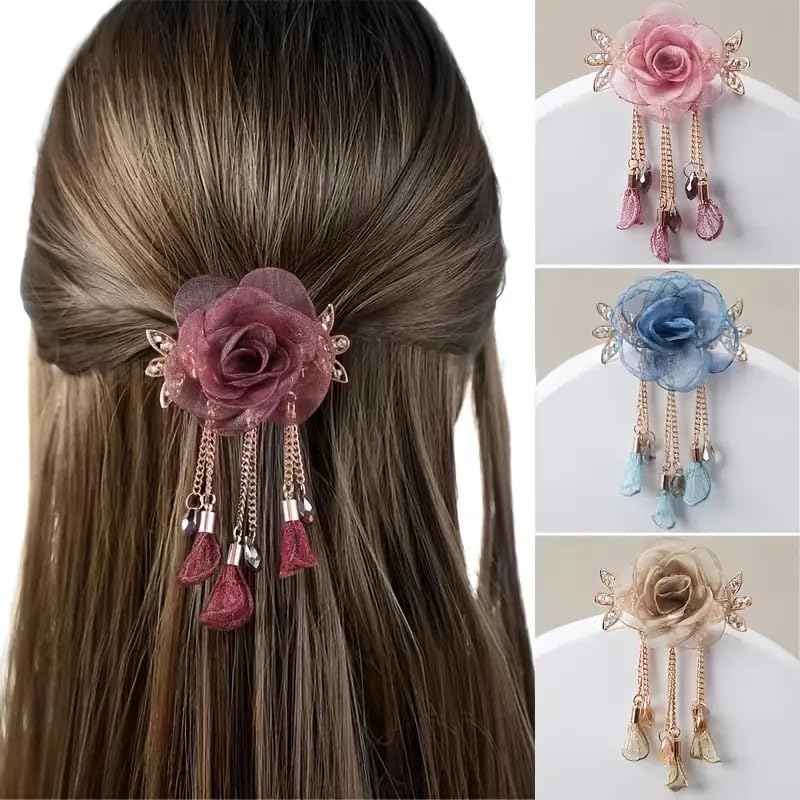 HONEY ACCESSORIES 1Pc Flower Barrette With Tassel Metal French Barrette Elegant Hair Clips Back Head Hair Decoration Hair Accessories For Women Girls