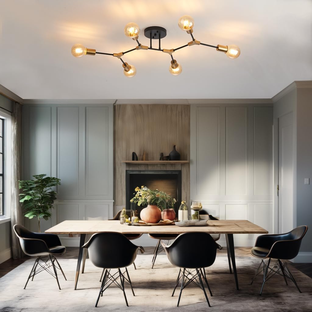 Modern Mid Centur 6 Light Semi Flush Mount Ceiling Lighting Fixture for Living Room Bedroom Dining Room Hallway Kitchen Office,Minimalist Gold and Black Sputnik Chandelier