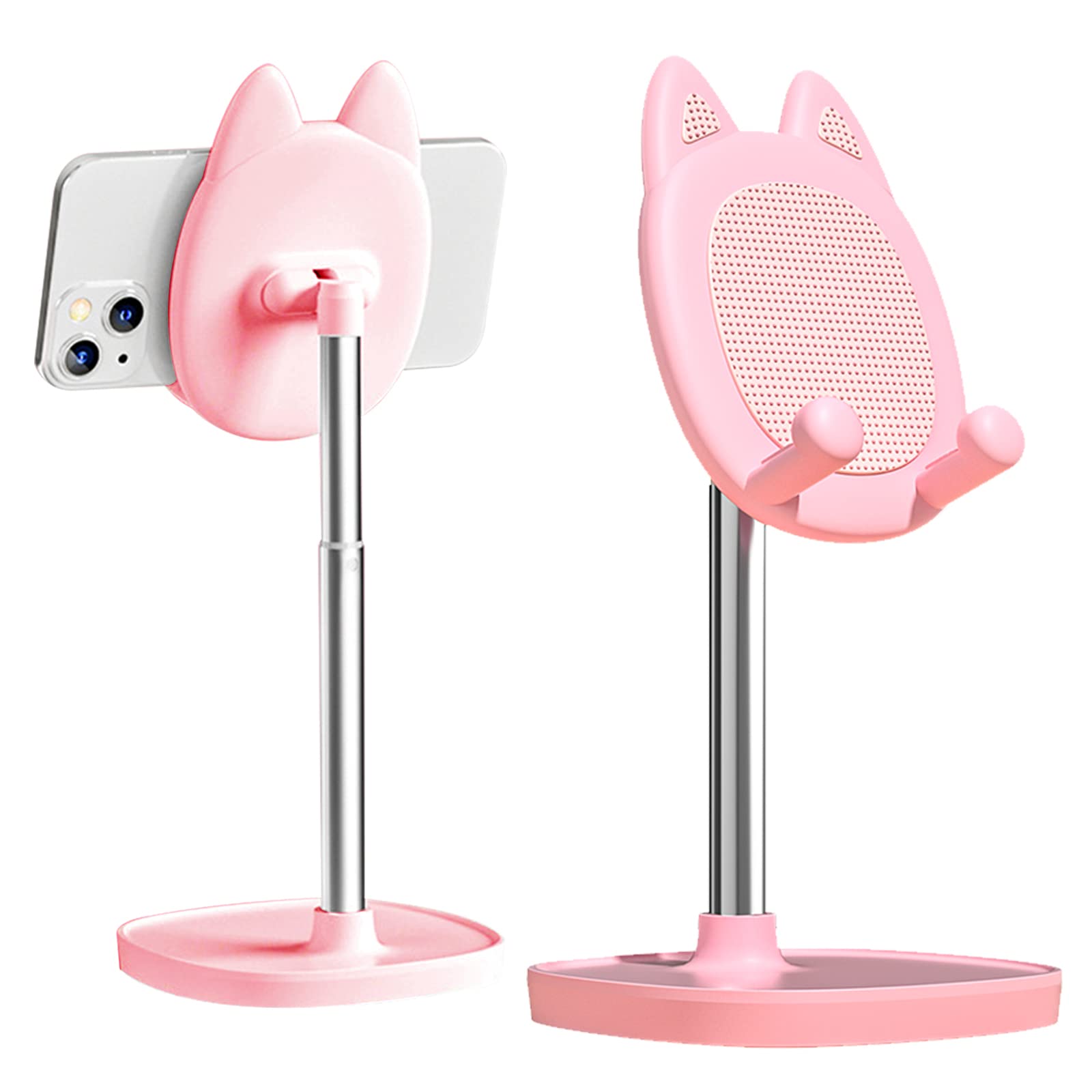 Cute Cat Phone Stand, Angle & Height Adjustable Cell Phone Stand for Desk, Thick Case Friendly Phone Holder, Compatible with Most Phones (Pink)