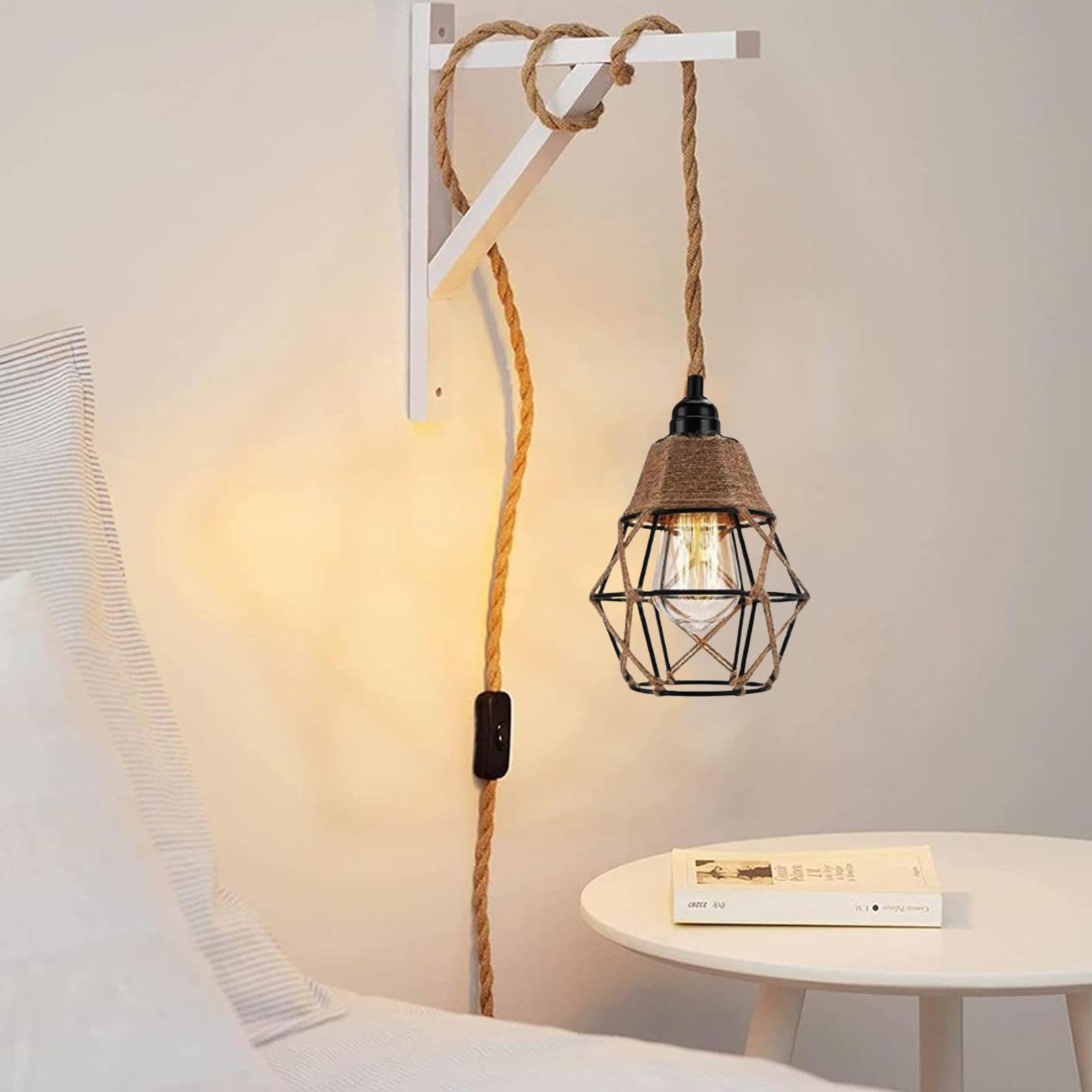 PORFOYO Lámpara de techo con enchufe, lámpara de pared retro atributo vintage cuerda de cáñamo lámpara colgante lámpara colgante lámpara colgante lámpara E27, cable de la lámpara lámpara colgante