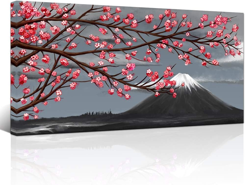 Amazon Com Lovehouse Red Cherry Blossom Tree Painting And Mount Fuji Canvas Wall Art Black White Landscape Picture For Living Room Office Giclee Print Gallery Wrap Modern Home Decor Ready To Hang 24x48