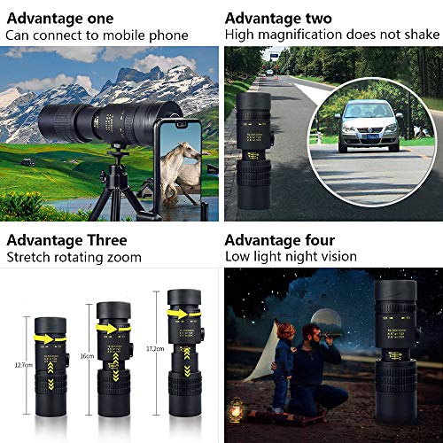 4K 10-300x40mm Super Telephoto Zoom Monocular Telescope, Portable Pocket HD BAK4 Prism Tripod Waterproof Phone Telescope, for SATA HD Hard Drive Adapter Universal (4k, Black)