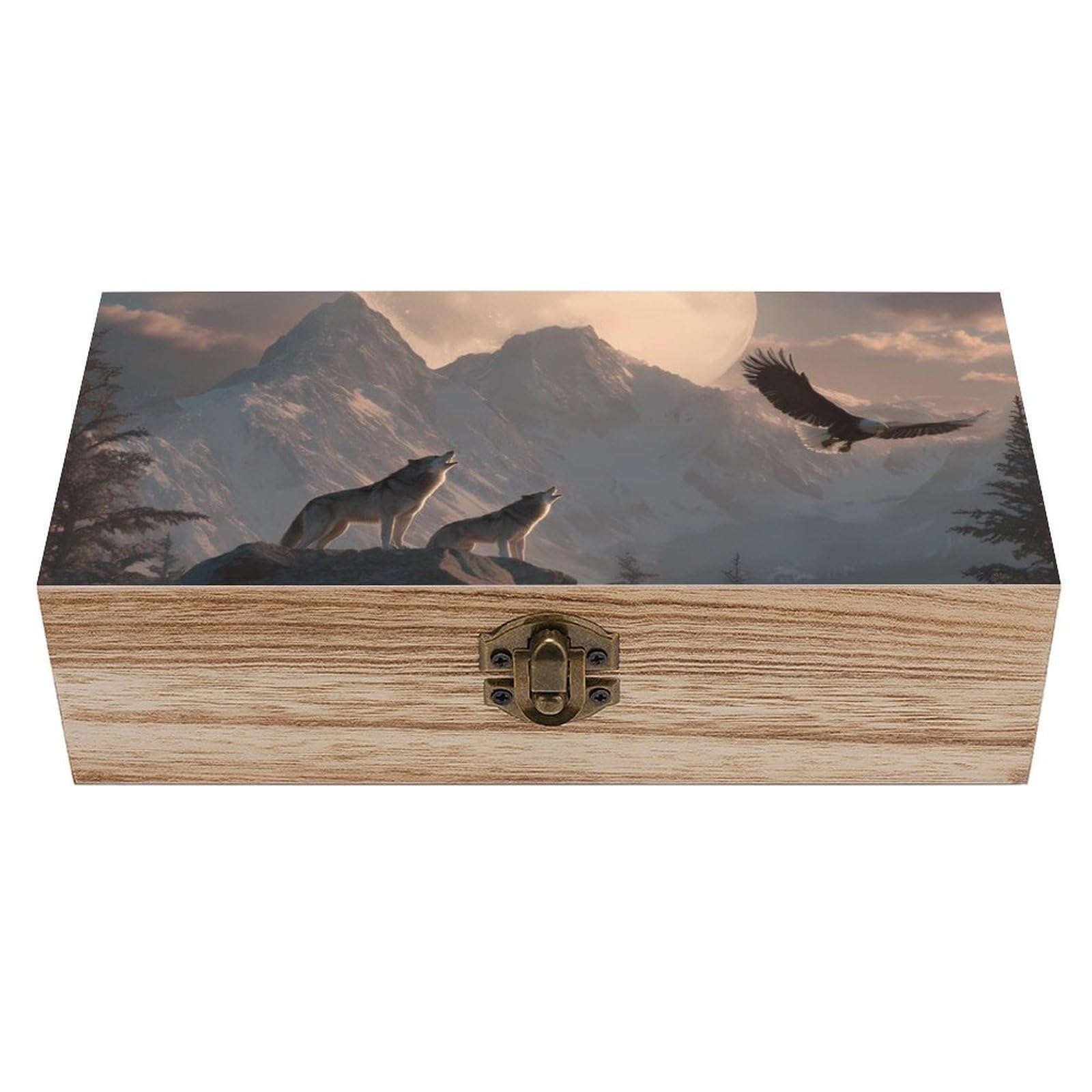HLBSDM Bald Ea-gles Wolf Howling Wooden Box with Hinged Lid Decorative Storage Case Container