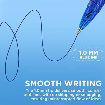 deli Pens Bulk,50 Pack Ballpoint Pens Blue Ink 1.0MM Medium Point | Smooth Writing Retractable Pen with Soft Grip, No Bleed, Fast Dry for Office School Home Use