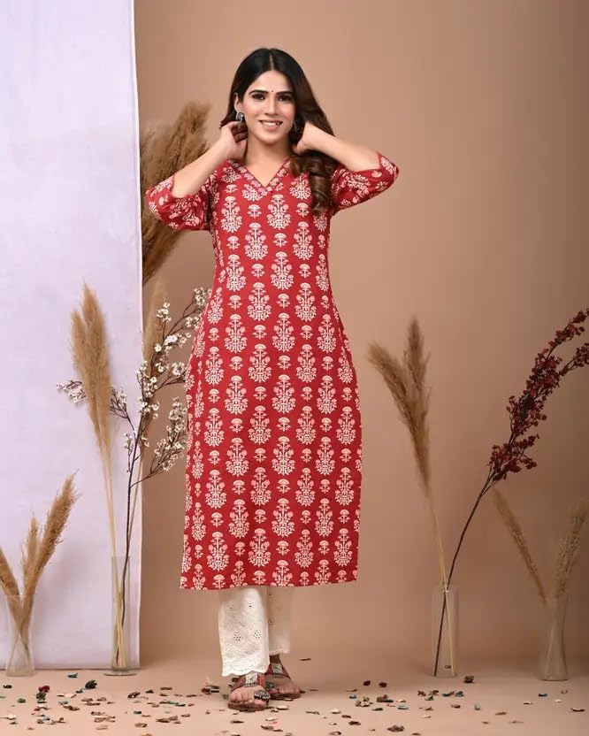 Image of FIRSTRAIN Women Cotton Straight Printed Kurti | Soft Breathable Kurta for Office & Casual Use | | Trendy Festive & Regular Wear Cotton Kurti