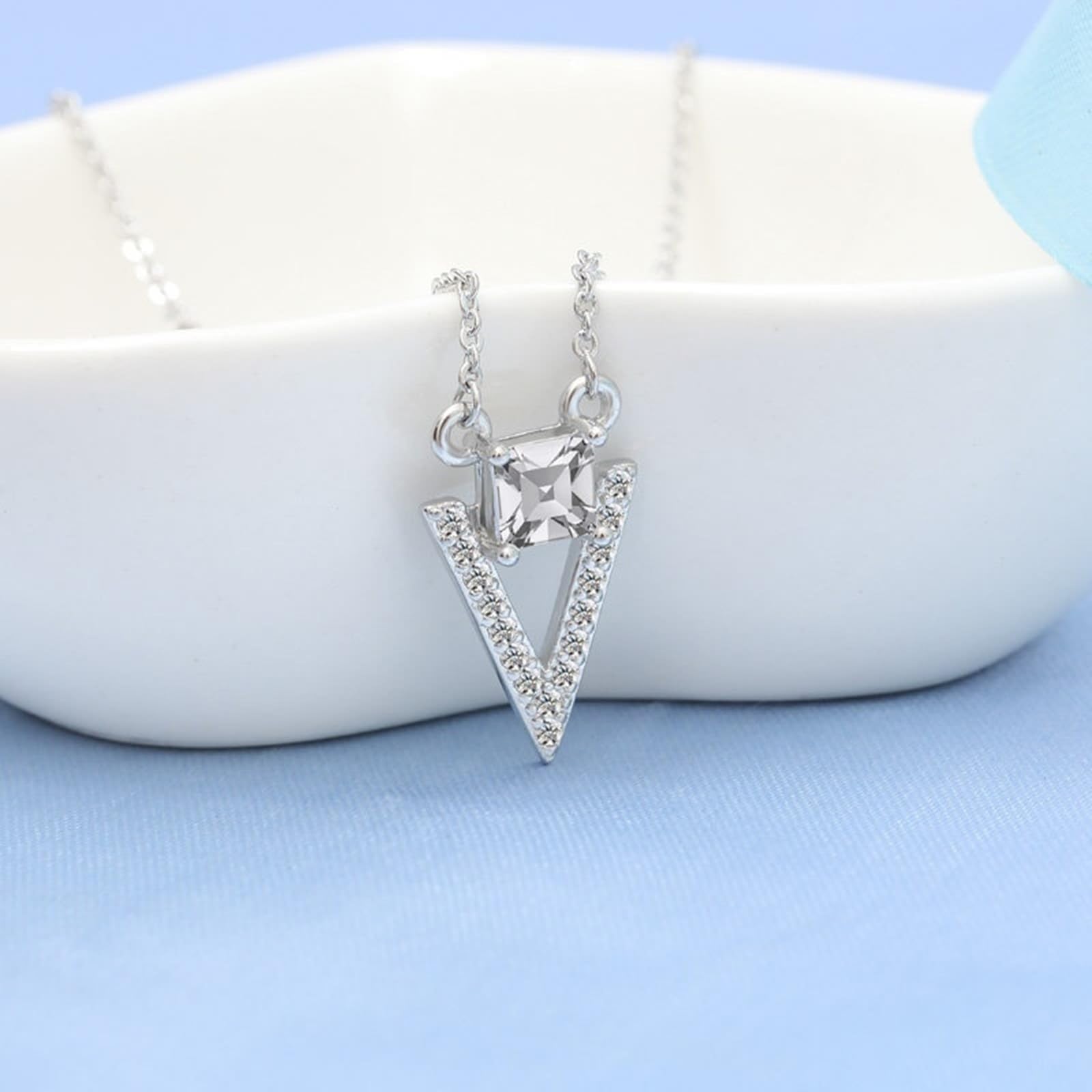 Collana 9kt/14kt/18kt Oro Bianco, Collana Ciondolo Donna Triangolo con Diamante Sintetico, Catena Regolabile 40+5 cm