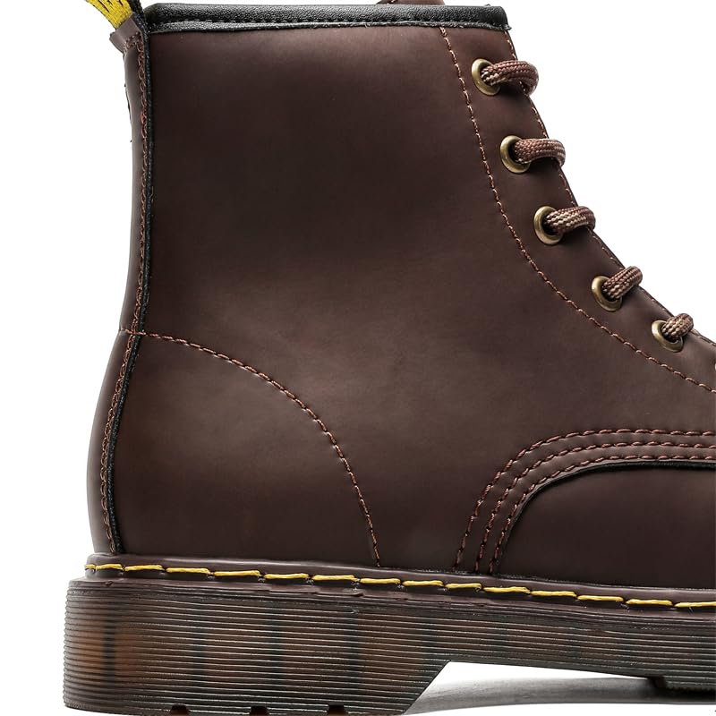 Classic Combat Boots, 8-Eye Lace-Up, Yellow Stitching, Black and Brown4
