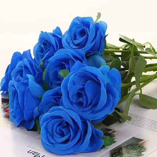 Artificial Flowers,10 Pcs Single Long Stem Fake Rose Silk Flowers Faux Rose Bridal Bouquet Realistic Flower Bouquet for Wedding Party Office Home Decor(Blue Rose)