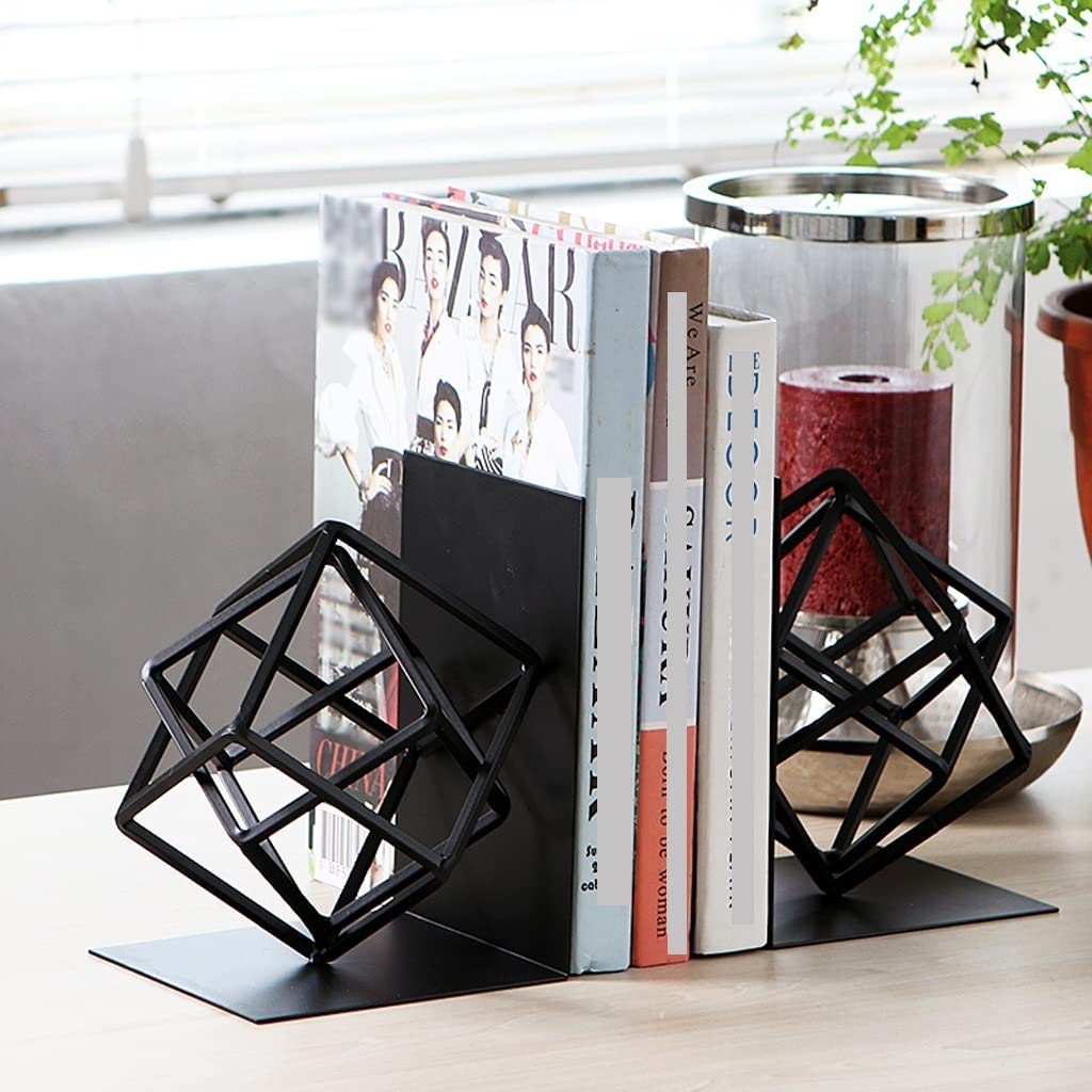 Bücherregal-Dekor-Buchstützen, Buchstützen für Regale, einzigartiges geometrisches Design, Buchstützen, dekorative Metall-Buchstützen, 1 Paar (schwarz) Buchstützen dekorativ