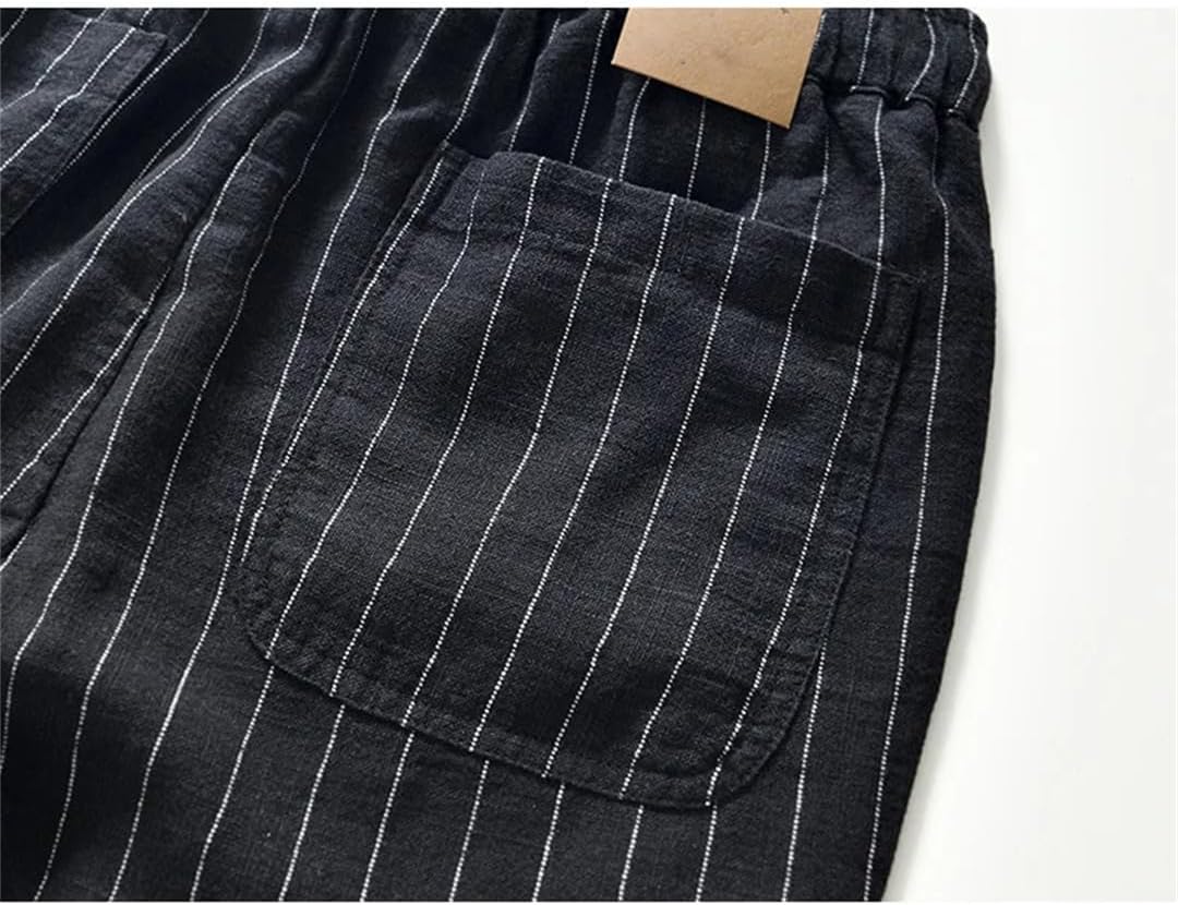 Men Thin Cotton Linen Half Pants Striped Drawstring Simple Casual Loose Straight Beach Shorts