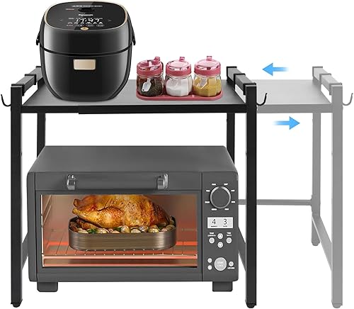 Estante extensible para horno de microondas, estante ajustable para encimera de cocina, soporte de microondas de 2 niveles con 6 ganchos para