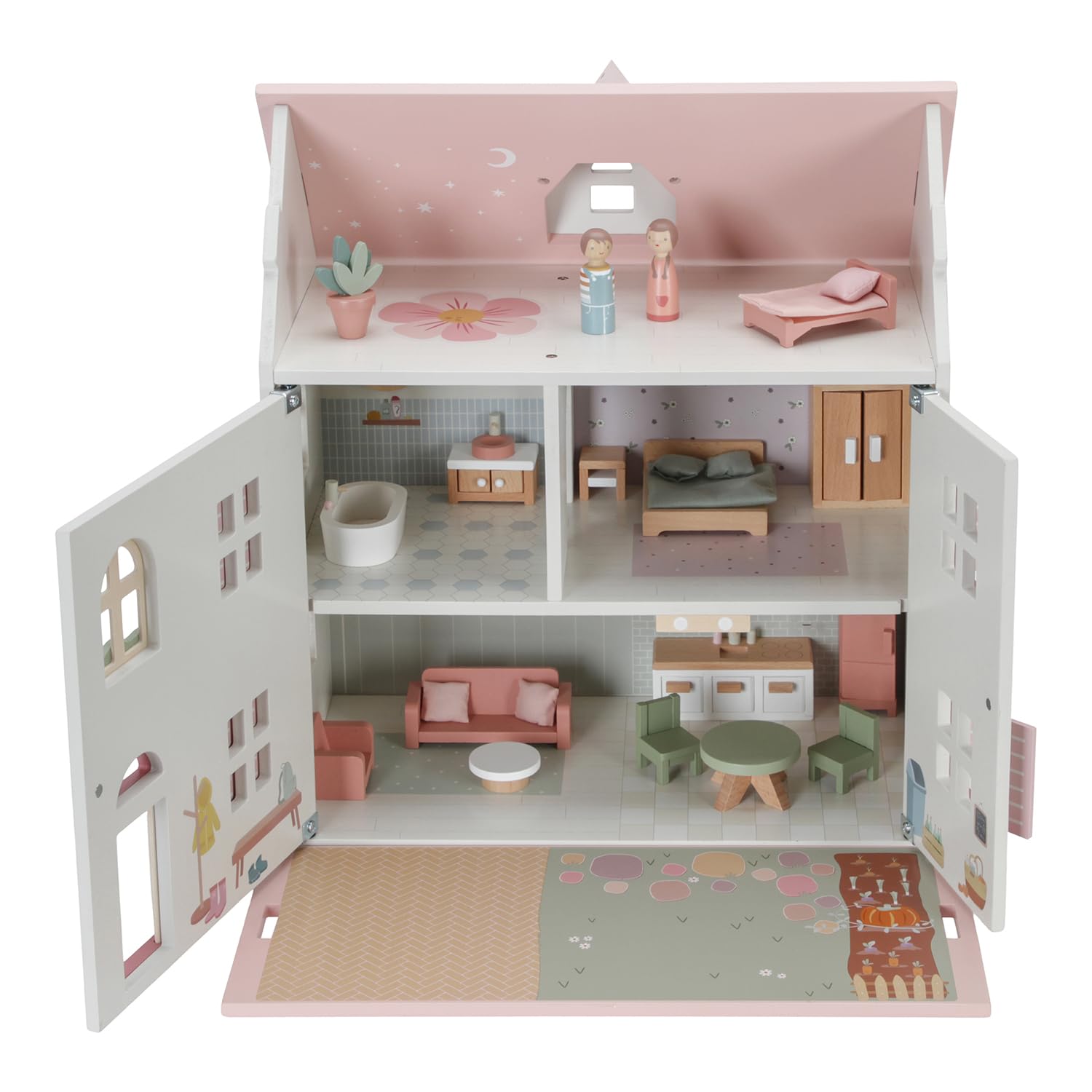 Little Dutch Casa de muñecas grande de madera desplegable con muchos accesorios, figuras de juego y muebles, color blanco y rosa
