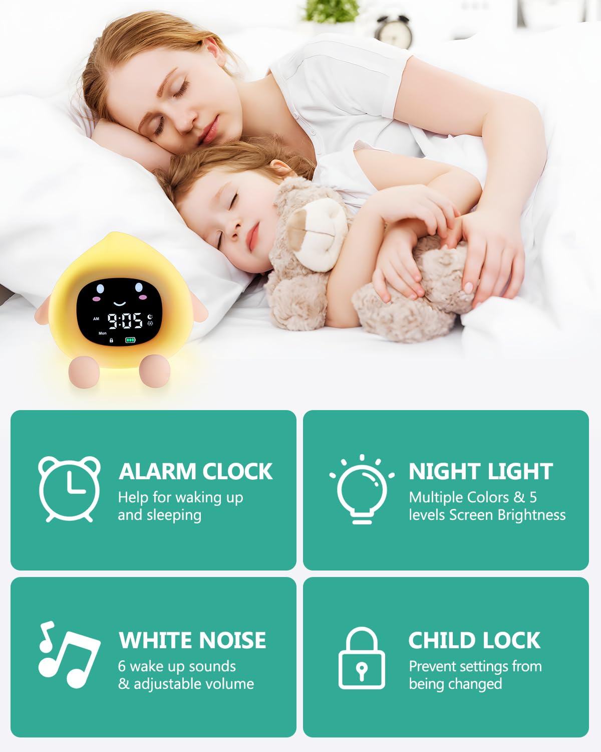 ORIA Digitaler Kinderwecker, 12/24h Schlaftrainer Kinder mit 9-Farbigem Nachtlicht, 6 Beruhigenden Geräuschen, Einstellbare Helligkeit und Lautstärke, für Baby, Kinder