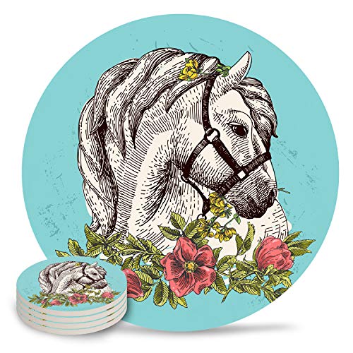 Set of 4 Animal Coasters for Drinks Absorbing Ceramic Coaster With Cork Base Suitable for Mugs and CupsHomeOfficeKitchen Boho Style Horse Poppy Wreath Equestrian Illustration