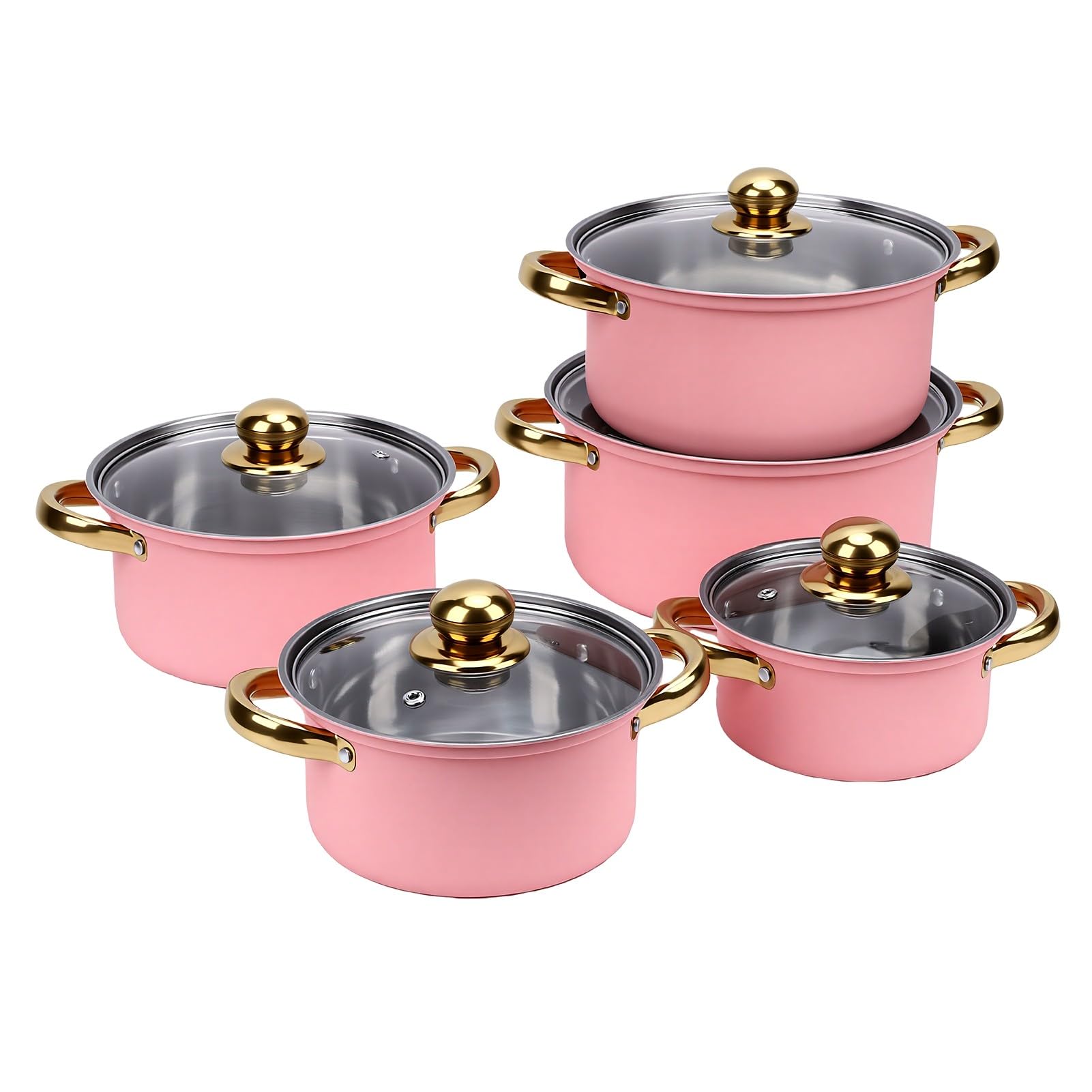 Generic Zestaw naczyń ze Stali Nierdzewnej 16 Cm 18 Cm 20 22 24 Trwałe Garnki do Gotowania w Domu ze Szklanymi Pokrywkami (PINK)