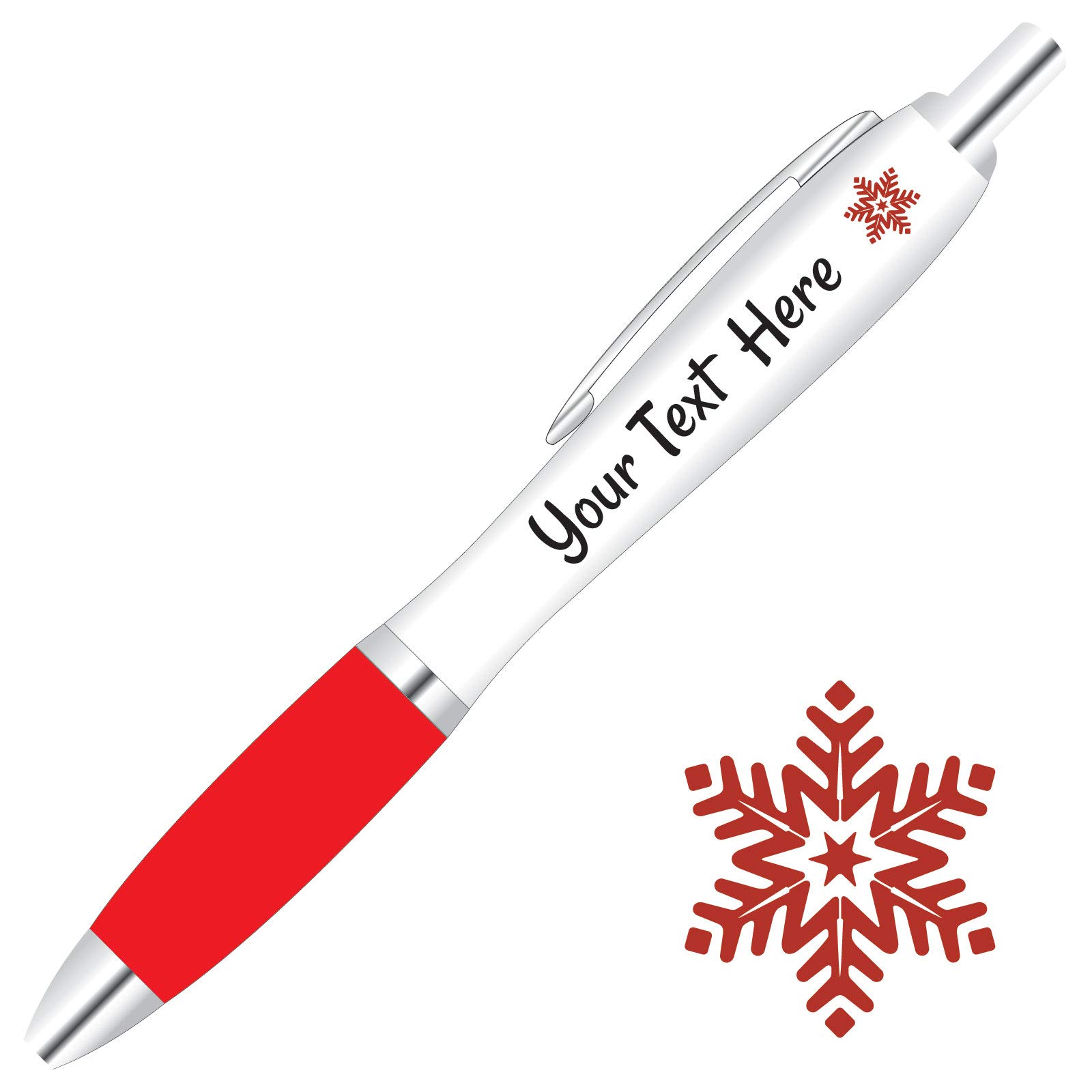 Full Colour Printed Personalised Christmas Pens *Qty - 50* - RED Pen Grips *Snowflake Design*