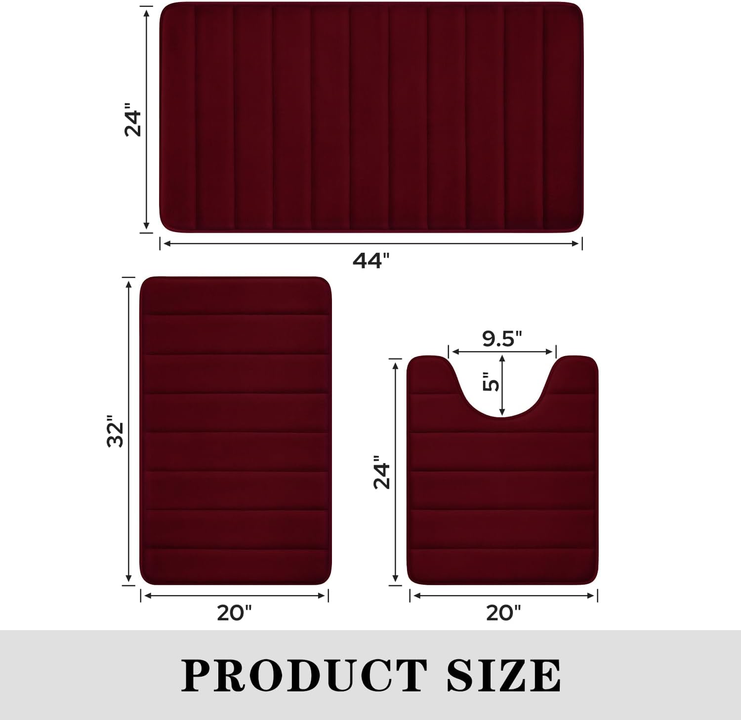BYSURE Burgundy Memory Foam Bathroom Rug Set 3 Piece, Non Slip Extra Soft Absorbent Machine Washable Toilet Bath Toilet Mat (17"x24"+20"x32"+U Shape 20"x24") - Image 2