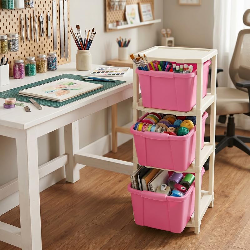 Image of Kavira Plastic Drawer Storage Tower - Space Organizer|Pink,3 Layer