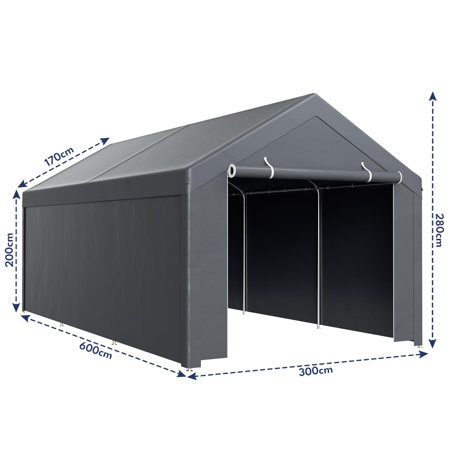 Grand Abri de Voiture 300x600x280 cm, Carport Tente de Garage avec Parois Latérales et Porte Enroulable, Résistante UV Imperméable, Garage Chapiteau pour Voiture, Camion, Bateau