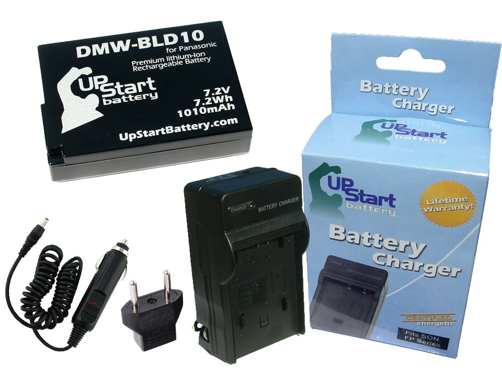 Digital Camera Battery and Charger with Car Plug and EU Adapter Replacement for Panasonic DMW-BLD10GK - Compatible with Panasonic DMW-BLD10 (1010mAh 7.2V Lithium-Ion)