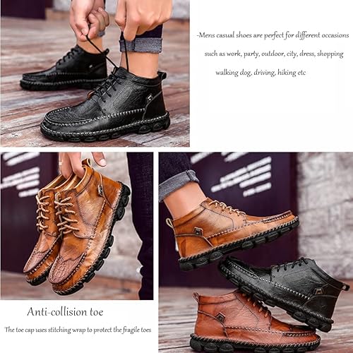 Ydnroar Mens Casual Loafers Ankle Chukka Boots Leather Hand Sewn Lace Up Outdoor Anti Slip Walking Working Driving Booties #TOP6