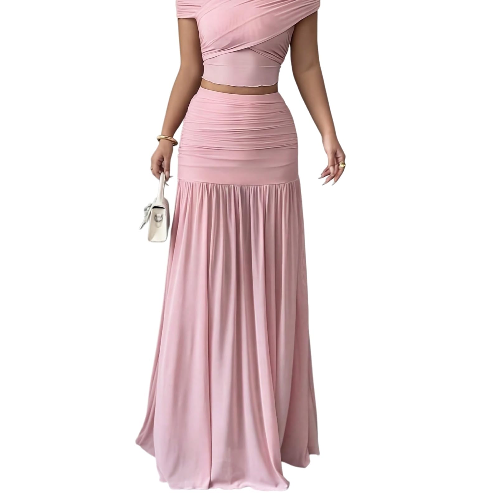 Minifalda Falda Plisada Midi Elegante De Las Mujeres Cintura Alta Slim Fit Larga Flujo A-línea Casual Verano Moda Chic Traje-Pink-XXL