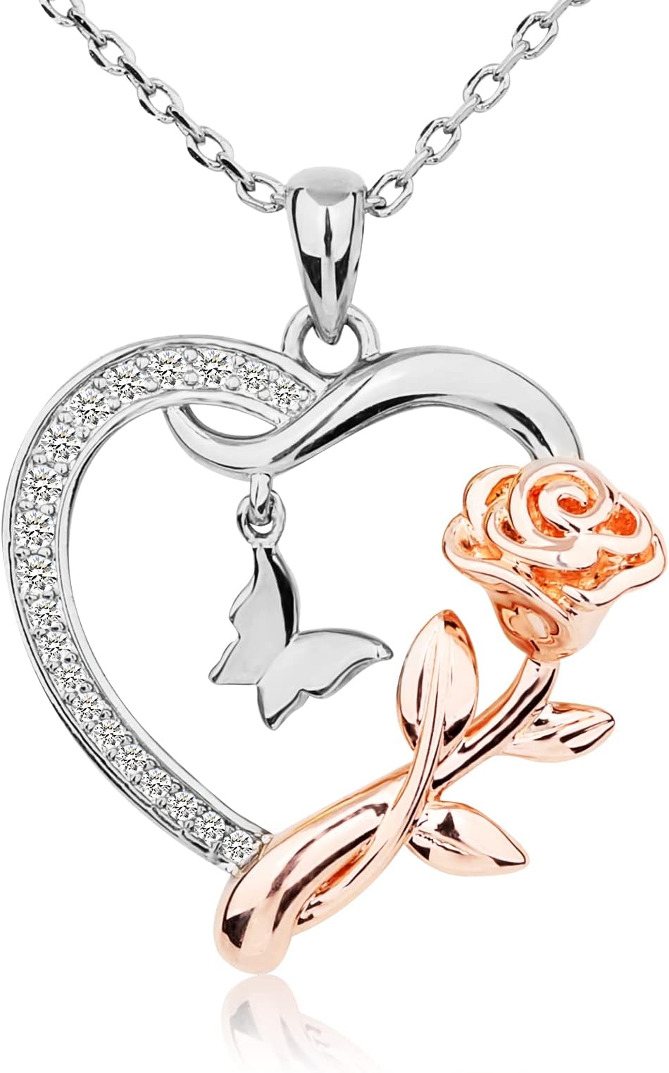 Heart Necklace for Women Sterling Silver/14k Gold Plated/Rose Gold CZ Romantic Rose and Butterfly Jewelry for women Birthday Valentine's Day Gift for Girls