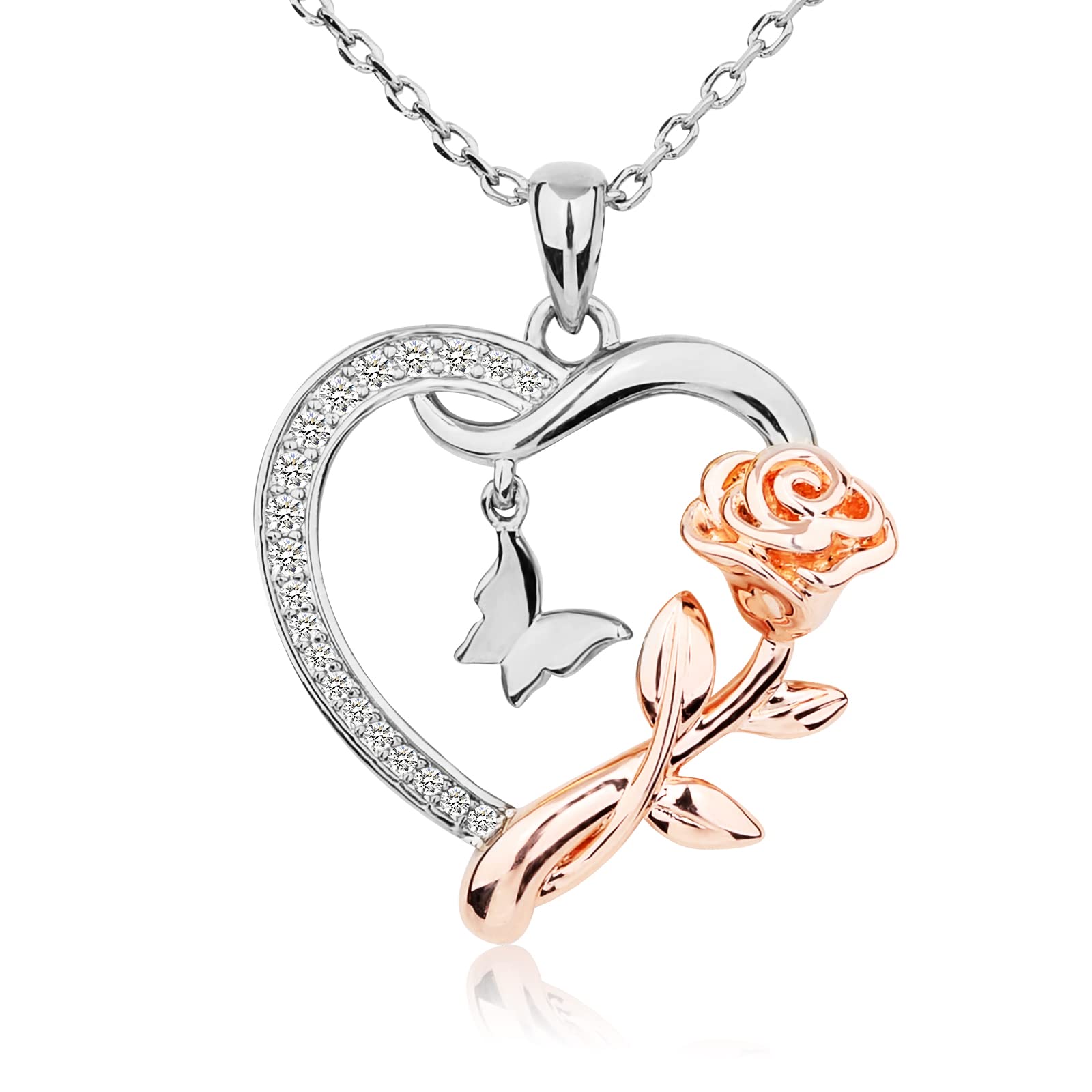 AlsanixHeart Necklace for Women Sterling Silver/14k Gold Plated/Rose Gold CZ Romantic Rose and Butterfly Jewelry for women Birthday Valentine's Day Gift for Girls